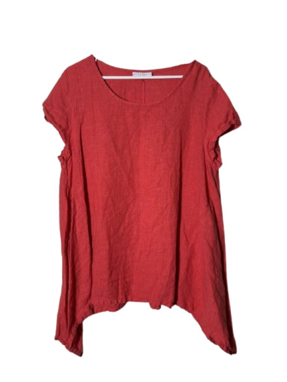 Bryn Walker coral 100% linen sharkbite hem short sleeve tunic top L lagenlook